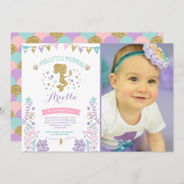 Convite do aniversário da sereia sob o partido do (Frente/Verso)