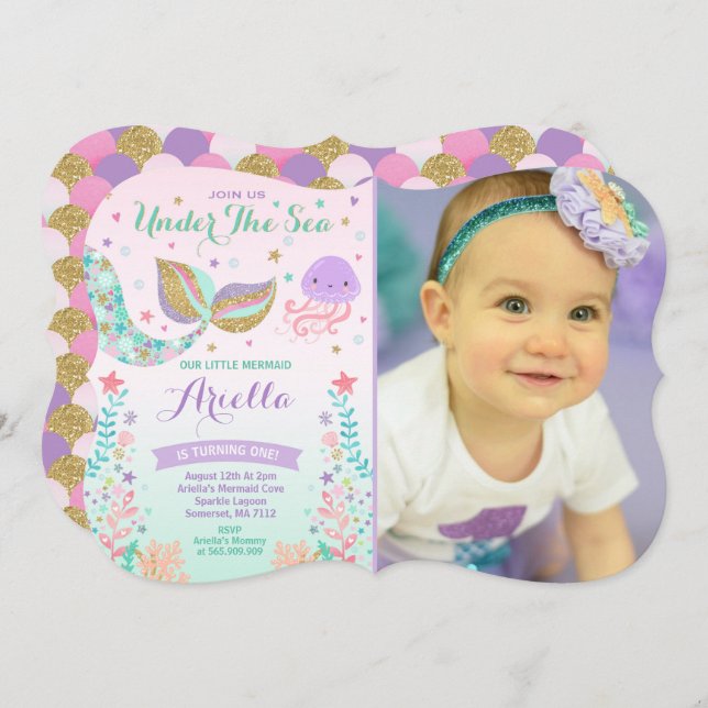 Convite do aniversário da sereia sob o partido do (Frente/Verso)
