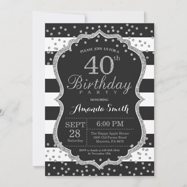 Convite do aniversário de 40 anos. Preto e brilho (Frente)