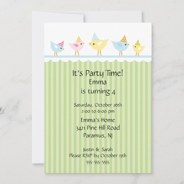 Convite do aniversário de criança dos pássaros do (Frente)