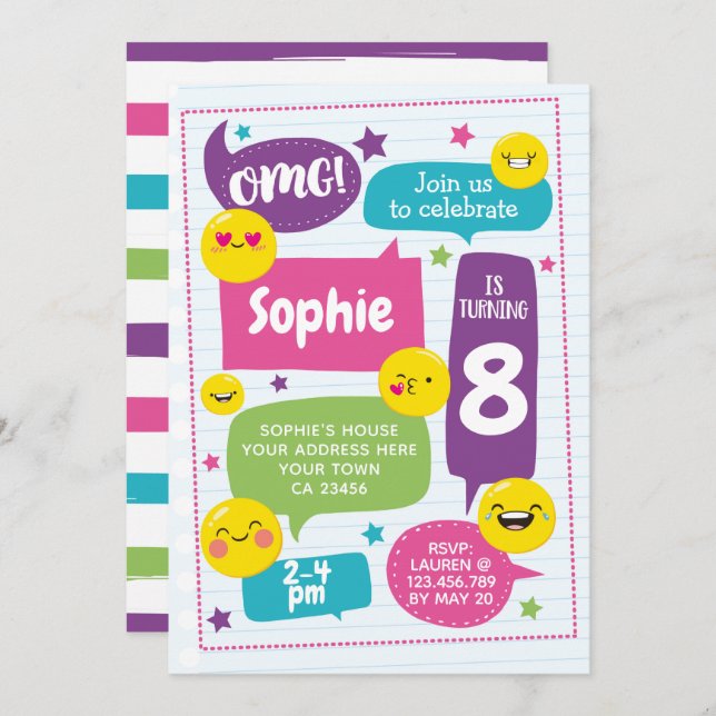 Convite do aniversário de Emoij (Frente/Verso)