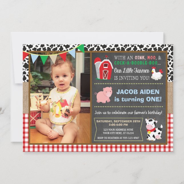 Convite do aniversário do Barnyard com foto (Frente)