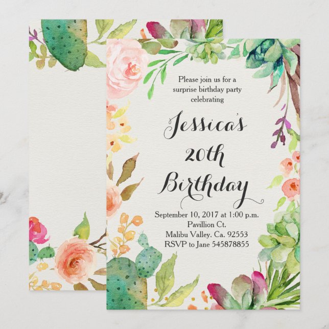 Convite do aniversário do cacto (Frente/Verso)