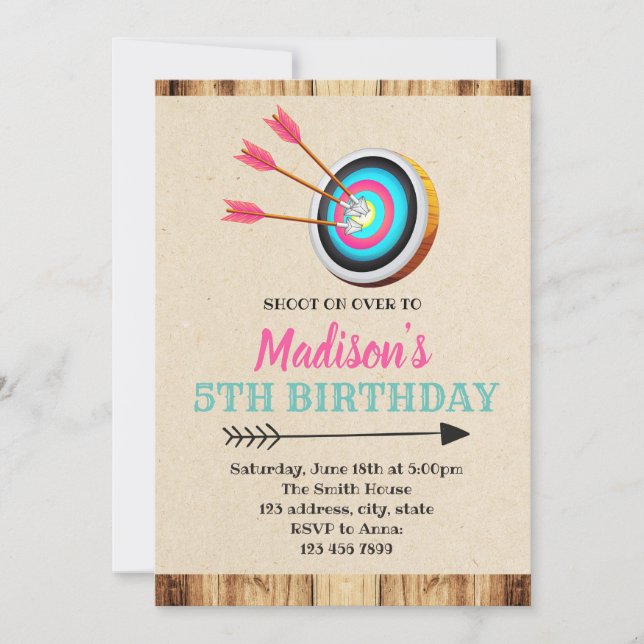Convite do aniversário do tiro ao arco da menina (Frente)