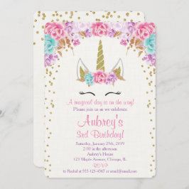 Convite do aniversário do unicórnio, ouro roxo