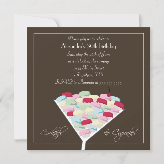 Convite do aniversário dos cocktail & dos cupcakes (Frente)