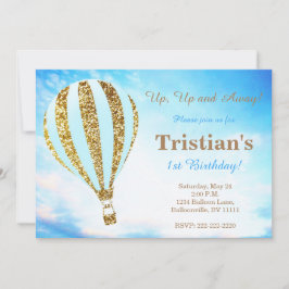 Convite do balão de ar quente no azul e no ouro