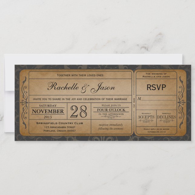 Convite do bilhete do casamento vintage com RSVP (Frente)