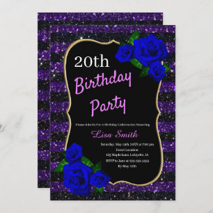 Convite Do brilho preto roxo da listra do aniversário