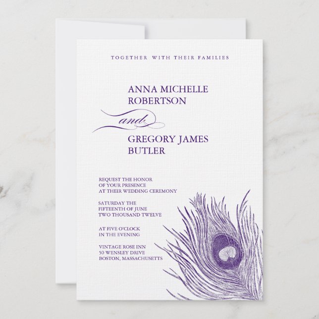 Convite do casamento da pena do pavão (Frente)