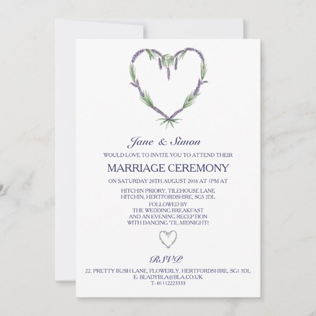 Convite do casamento do coração da lavanda (Frente)