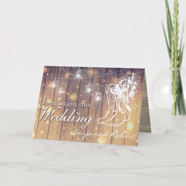 Convite do casamento - frascos de pedreiro e botas (Frente)