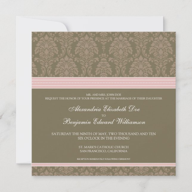 Convite do casamento tema damasco do chocolate do (Frente)