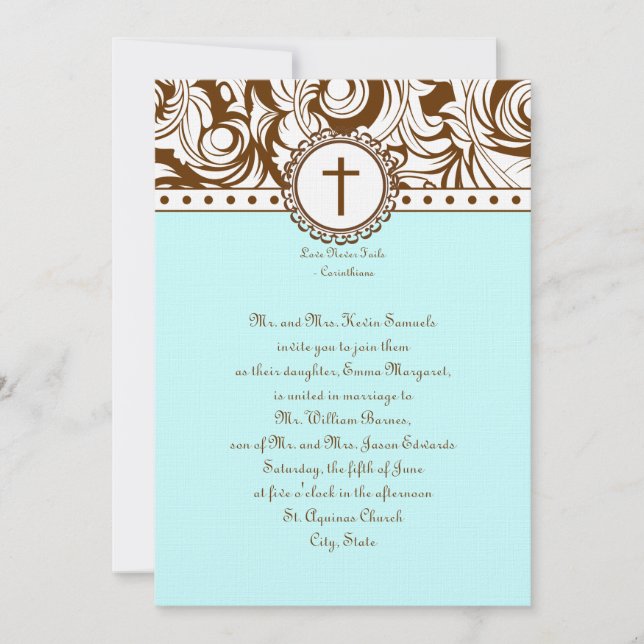 Convite do casamento vintage de Brown azul (Frente)