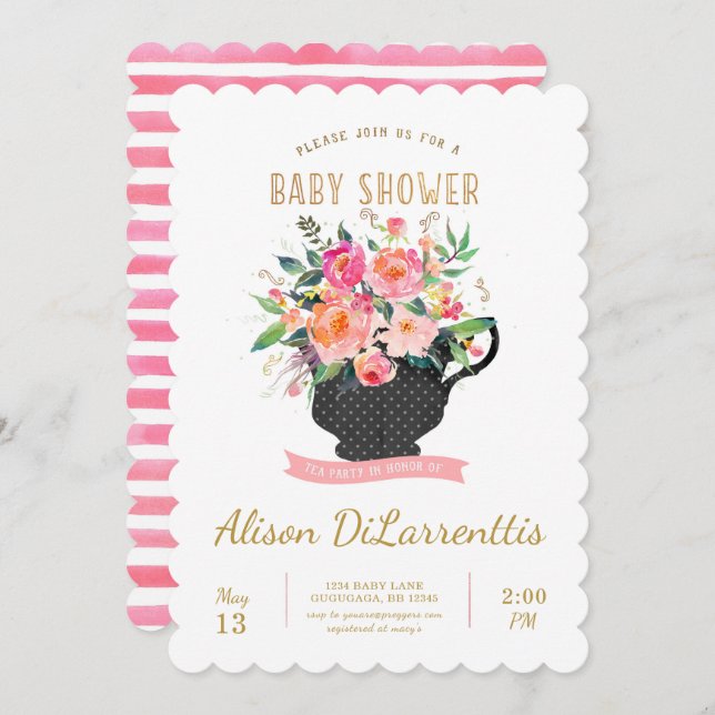 Convite do chá de fraldas do tea party (Frente/Verso)