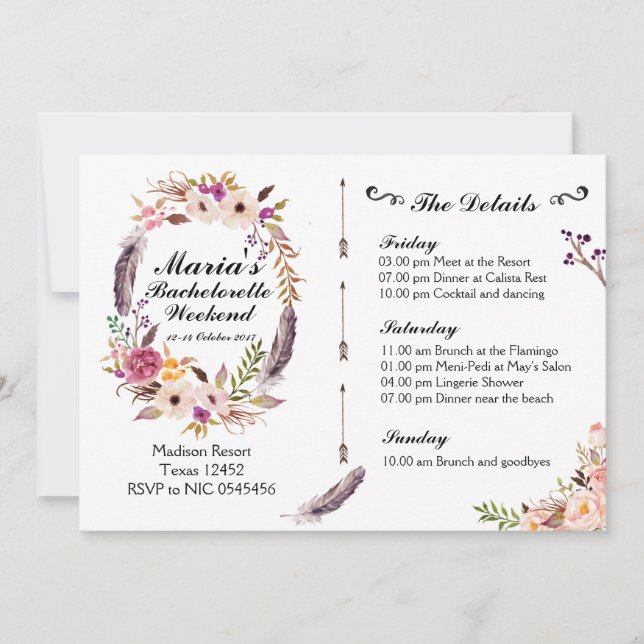 Convite do itinerário do fim de semana de Boho (Frente)