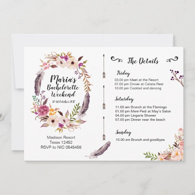 Convite do itinerário do fim de semana de Boho (Frente)