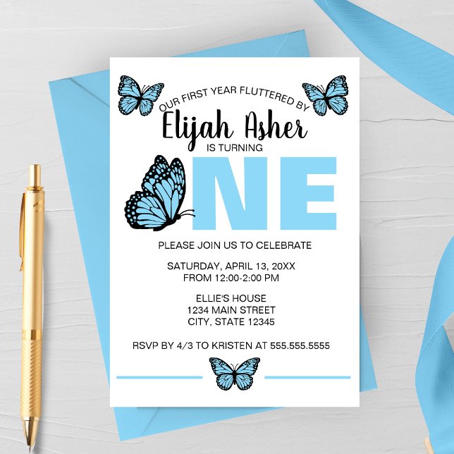 Convite do Primeiro Aniversário do Borboleta Azul (Blue Butterfly Spring Birthday Party Invitation | First Birthday Party Invitation)