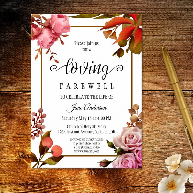 Convite do Serviço de Memória Funeral Floral Elega (Elegant floral memorial or funeral service invitation featuring a painting of flowers and berries)