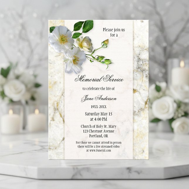Convite do Serviço Memorial Funeral Marble Elegant (Elegant floral memorial or funeral service invitation featuring a marble design with white roses.)