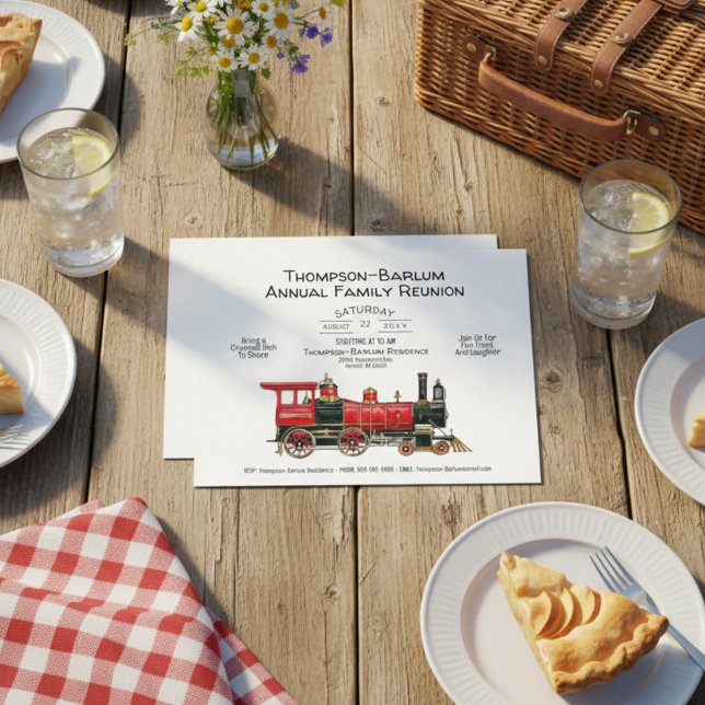 Convite do Trem Vermelho para Reunião de Família (Family Reunion Red Train Invitation Postcard)