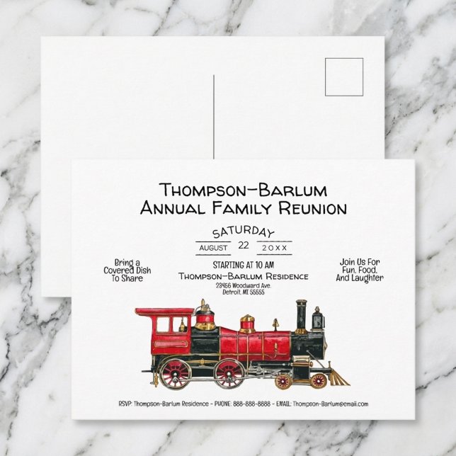 Convite do Trem Vermelho para Reunião de Família (Family Reunion Red Train Invitation Postcard)