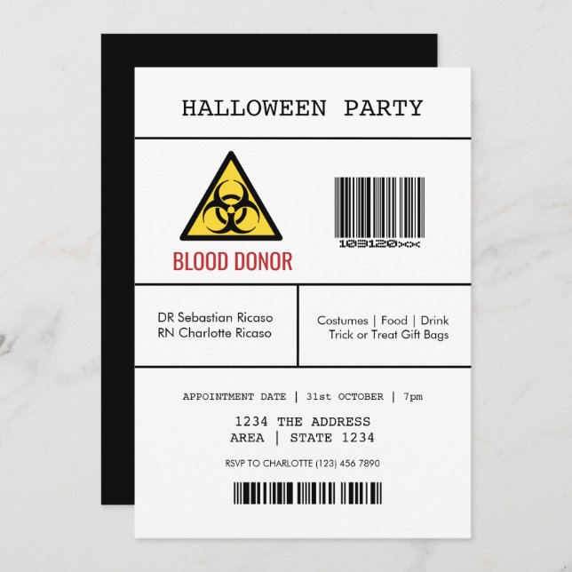 Convite Doador de Sangue Perigoso do Partido Halloween (Frente/Verso)