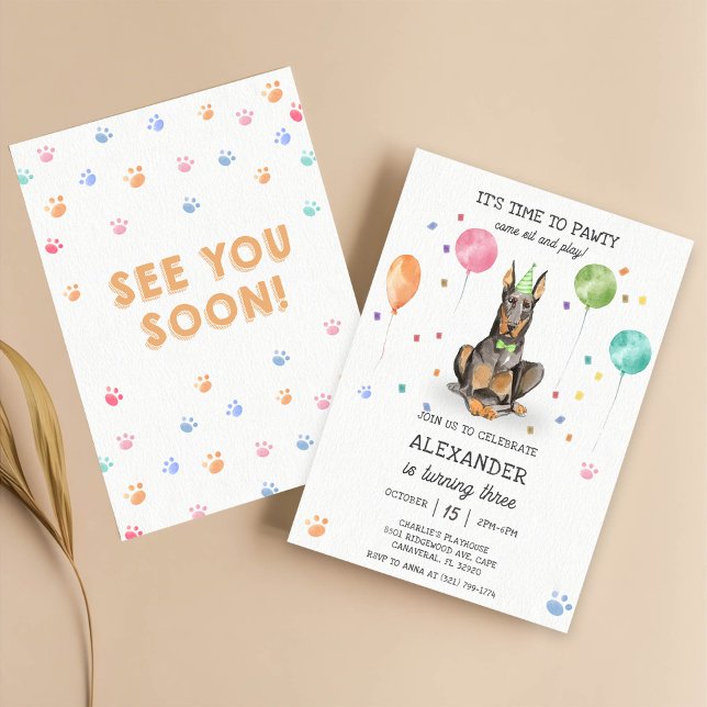 Convite Dobermann Pawty Puppy Birthday Pink (Criador carregado)
