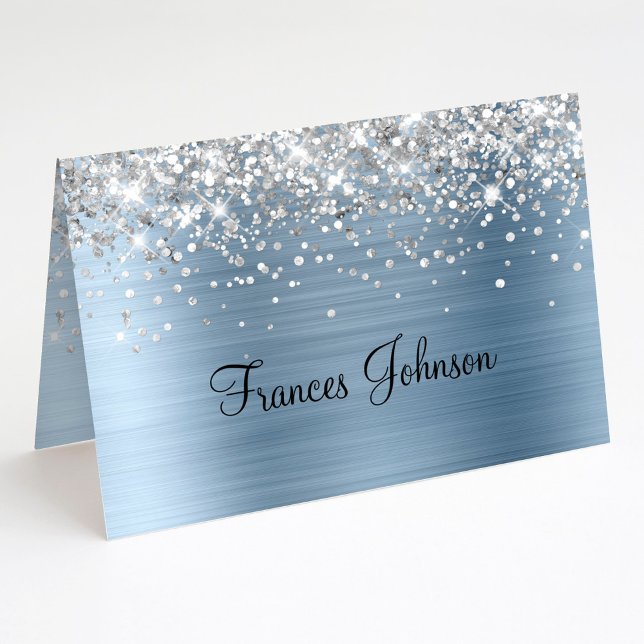 Convite Dobre As Suas Próprias Placas De Colocação De Folh (Fold Your Own Silver Glitter Blue Foil Place Cards)