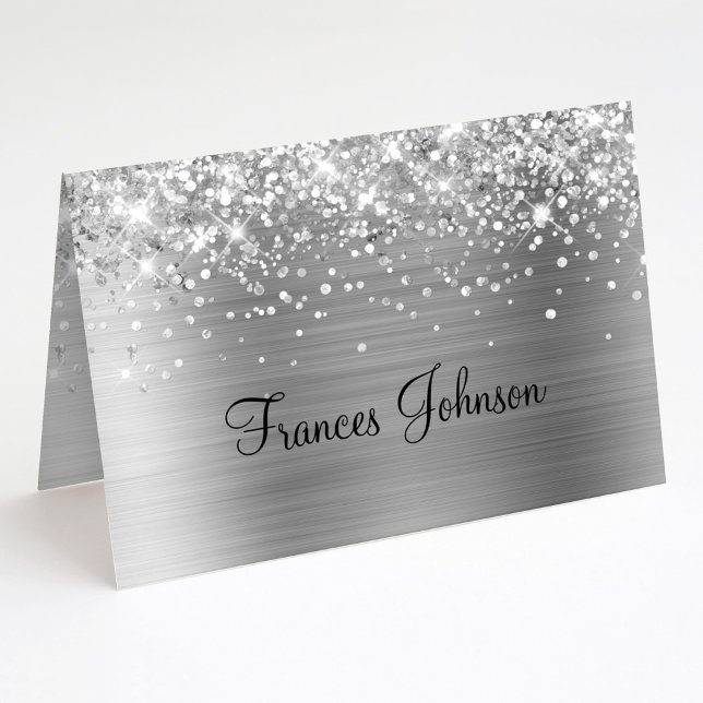 Convite Dobre Seu Nome De Prata Da Gliteria Coloque Cartõe (Fold Your Own Glittery Blue Name Place Cards)