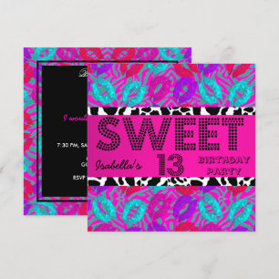 Convite Doce 13 13º Aniversário Lábios Vaca Roxo Rosa Azul