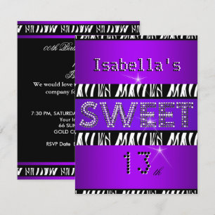 Convite Doce 13 Aniversário de 13 anos Zebra Roxo Preto