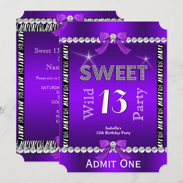 Convite Doce 13 Festa Divertida Zebra Ingresso Roxo 3 (Frente/Verso)