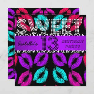 Convite Doce 13 Lábios de Aniversário do 13 Cow Purple Bla