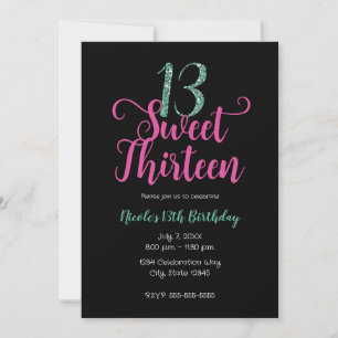 Convite Doce 13 Rosa Preto Aqua Décimo Terceiro Aniversári