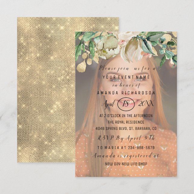 Convite Doce 16ª Flores Fotográficas Douradas Spark Girly (Frente/Verso)