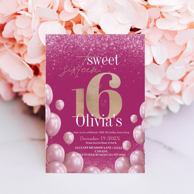 Convite Doce 16.º aniversário moderno Balões cor-de-rosa (Criador carregado)