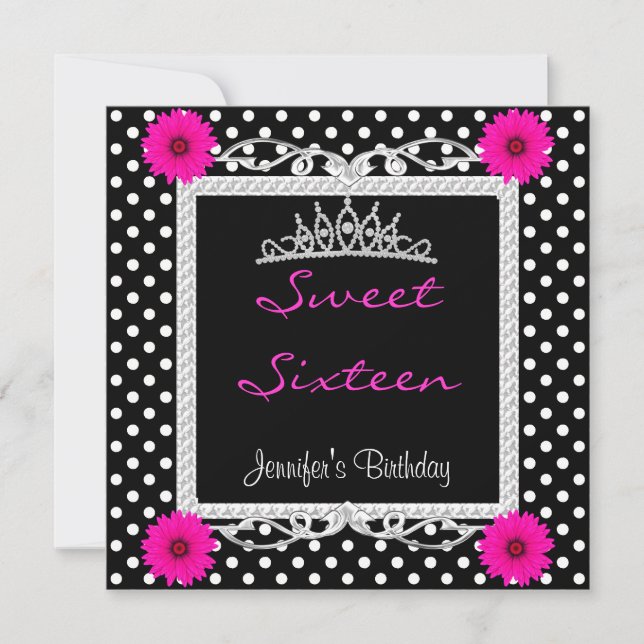 Convite Doce 16 16º Black White spot Flor rosa Tiara (Frente)