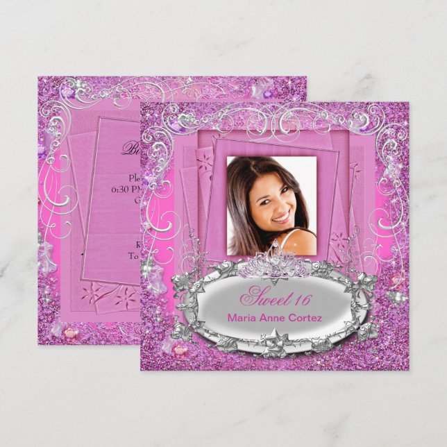Convite Doce 16 16º Doce Dezesseis Brilho Rosa Olhar (Frente/Verso)