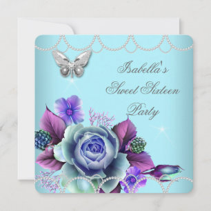 Convite Doce 16 16º Floral Azul Teal Borboleta Pérola