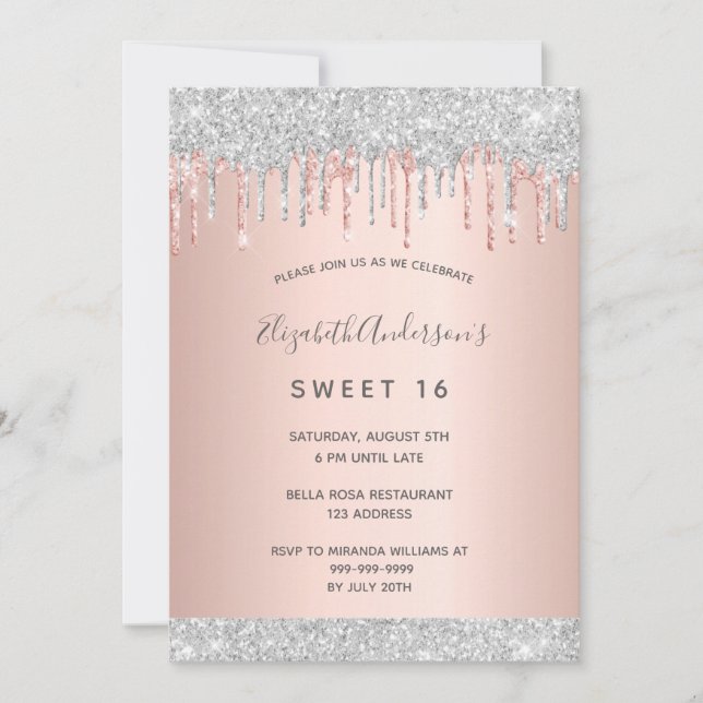 Convite Doce 16, 16, 16º partido, cor-de-rosa-rosa-relva (Frente)