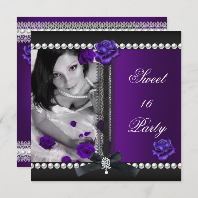 Convite Doce 16 16 Pérola Rosa Preta Roxa (Frente/Verso)
