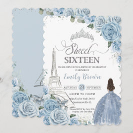 Convite Doce 16 Aniversário Bebê Azul Floral Paris Prata
