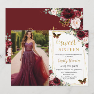 Convite Doce 16 Aniversário Burgundy Blush Floral Borbolet
