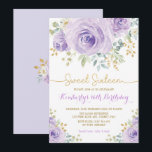 Convite Doce 16 Aniversário Doce Dourado Floral Roxo Sesse<br><div class="desc">Esta design feminina apresenta rosas roxas de cor aquosa lindíssima com sotaques dourados</div>