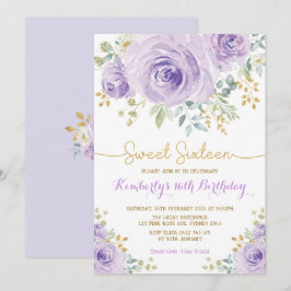 Convite Doce 16 Aniversário Doce Dourado Floral Roxo Sesse
