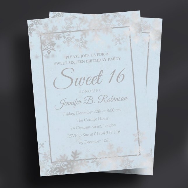 Convite Doce 16 Aniversário Flocos de Neve Azul De Silver (Sweet 16 Birthday Silver Ice Blue Foil Snowflakes Invitation)