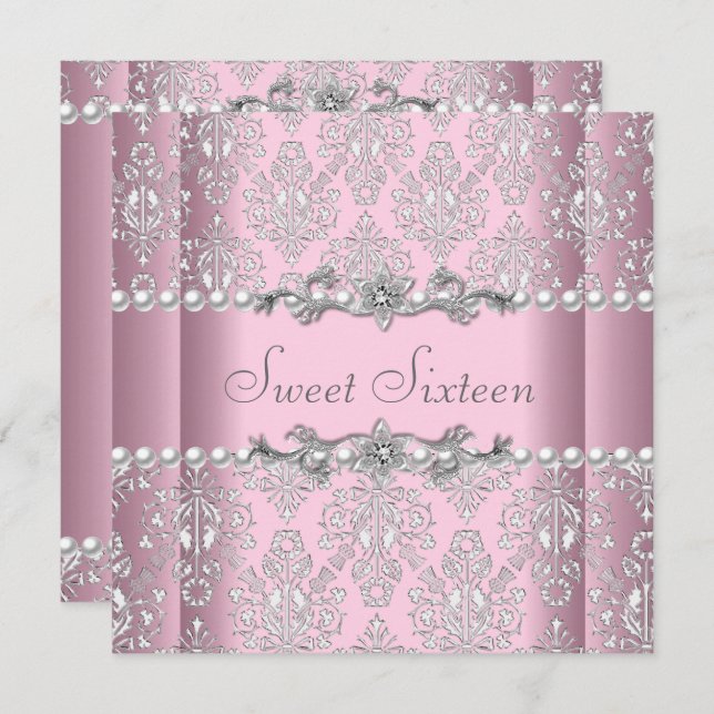 Convite Doce 16, Aniversário, Lace de Pérolas Brancas (Frente/Verso)
