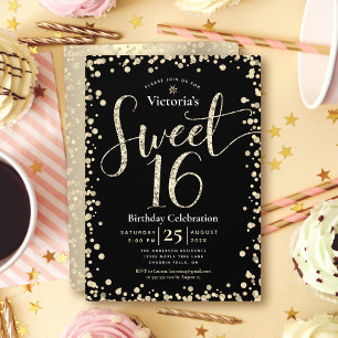 Convite Doce 16 Aniversário Moderno Dourado Preto Brilho F