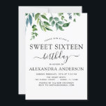 Convite Doce 16 Aniversário Verde Botânico<br><div class="desc">Os Convites de festas de aniversários de Verde Verde Verde com Aquarela incluem uma bela e elegante tipografia de escrita com verde moderno e elegante para a Celebração de Aniversário 16 (doce 16 - 16).</div>
